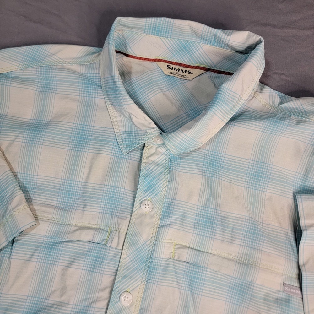 Simms Fishing Shirt Mens XL Blue Plaid  Short Sleeve Pearl Snap Outdoors